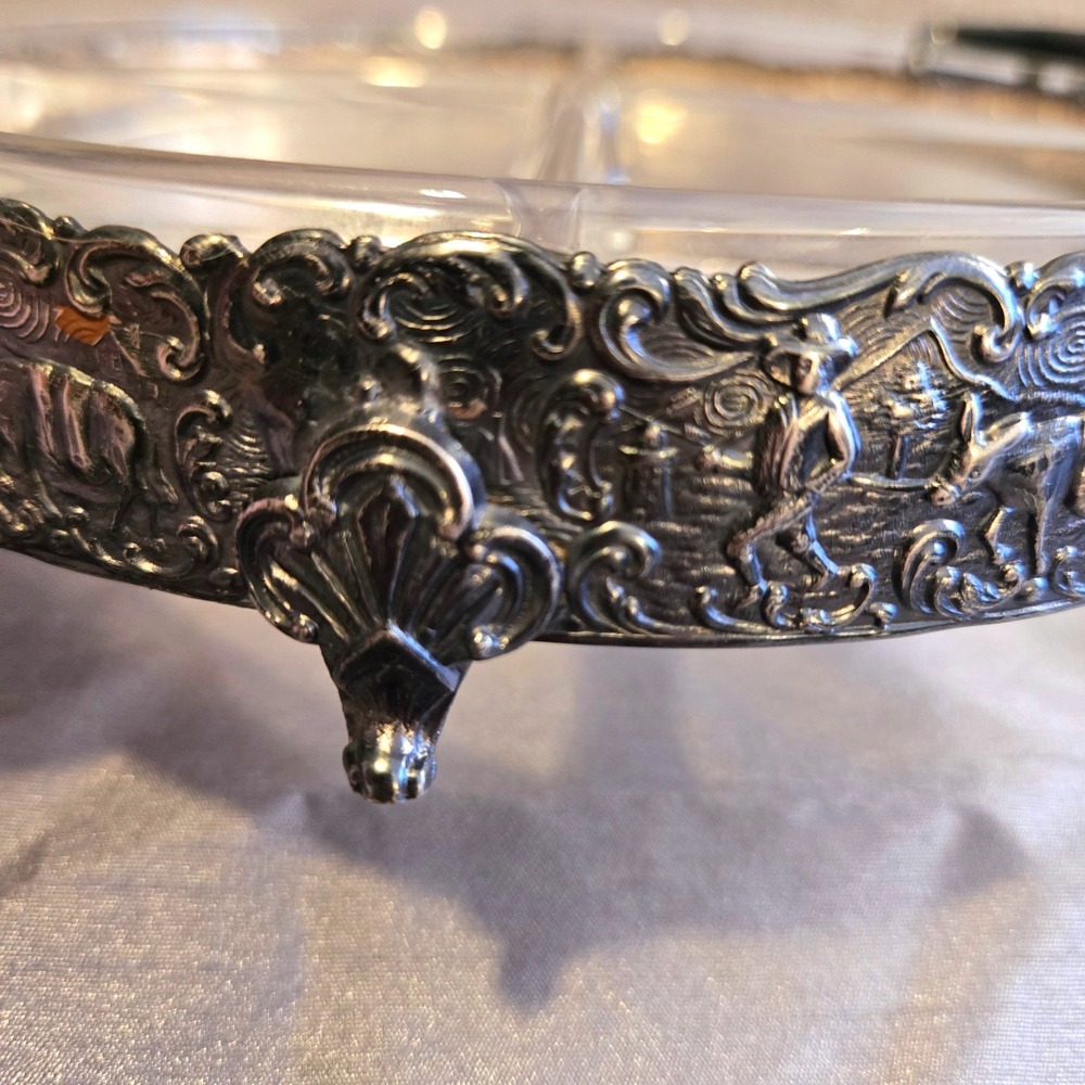 Holland Ware Vtg‎ Silver Plate Divided Footed Tray Glass Insert Dutch Scene